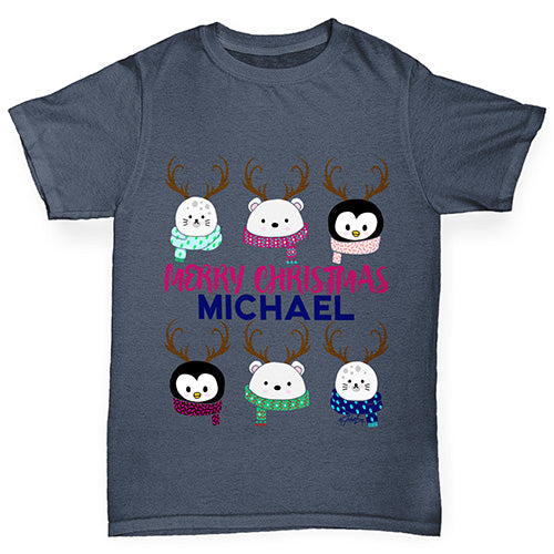 Personalised Cute Christmas Animals Boy's T-Shirt