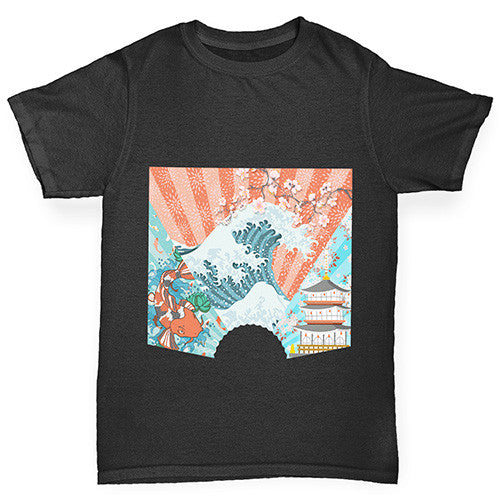 Japanese Fan Koi Wave Temple Boy's T-Shirt