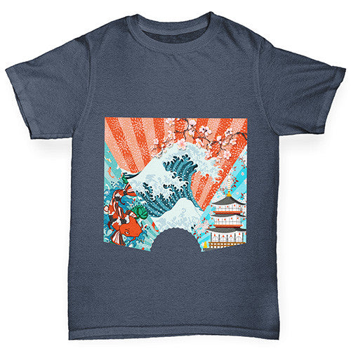 Japanese Fan Koi Wave Temple Boy's T-Shirt