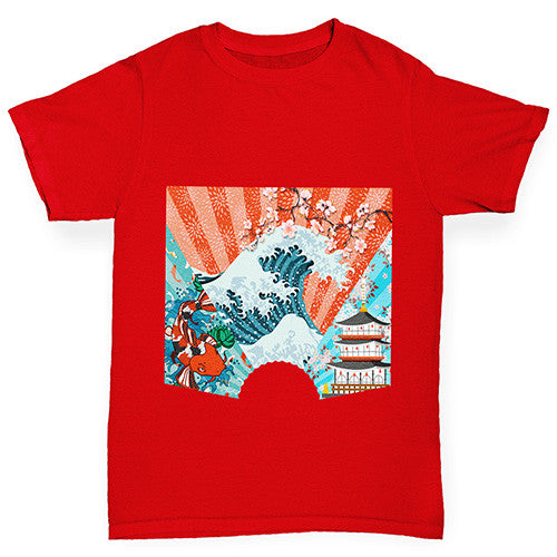 Japanese Fan Koi Wave Temple Boy's T-Shirt