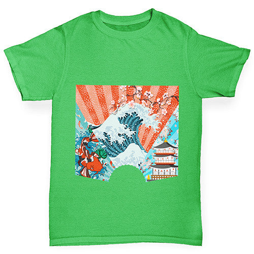 Japanese Fan Koi Wave Temple Girl's T-Shirt 