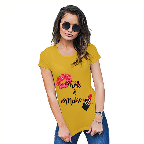 Funny Gifts For Women Kiss & Make Up Women's T-Shirt X-Large Yellow