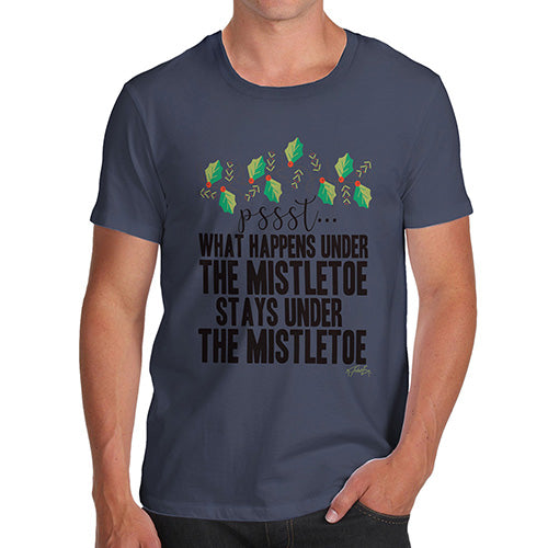 Novelty Tshirts Men Funny What Happens Under The Mistletoe Men's T-Shirt X-Large Navy