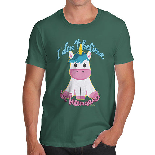 Mens Humor Novelty Graphic Sarcasm Funny T Shirt Unicorn I Don't Believe In Humans Men's T-Shirt Small Bottle Green