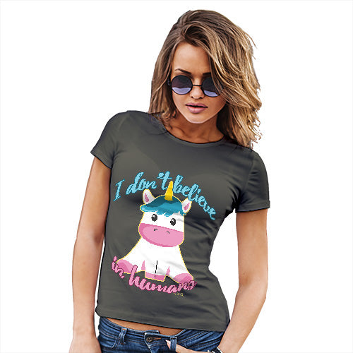 Womens Funny Sarcasm T Shirt Unicorn I Don't Believe In Humans Women's T-Shirt Medium Khaki