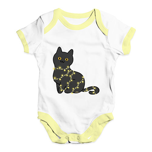 Funny Baby Clothes Cat Christmas Lights Baby Unisex Baby Grow Bodysuit 6 - 12 Months White Yellow Trim