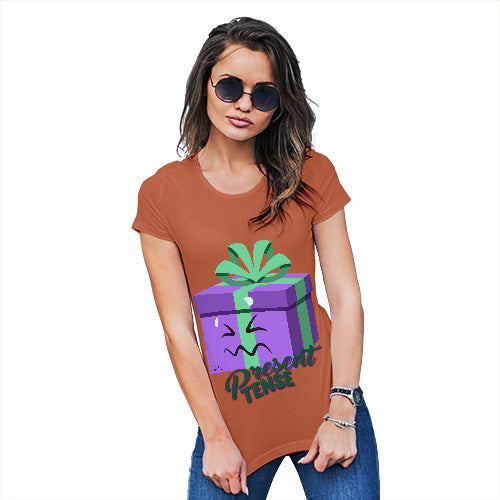 Womens Novelty T Shirt Christmas Present Tense Women's T-Shirt X-Large Orange