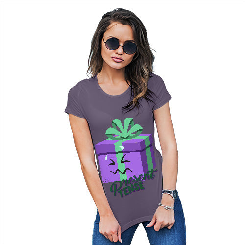 Funny T Shirts For Women Present Tense Women's T-Shirt Small Plum