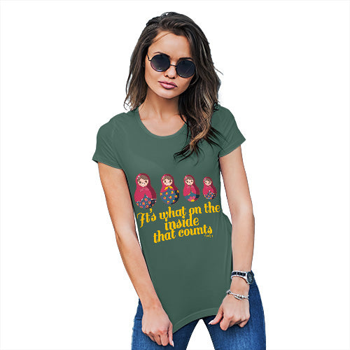 Funny Shirts For Women It's What's On The Inside That Counts Women's T-Shirt Small Bottle Green