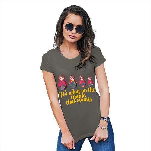 Womens Humor Novelty Graphic Funny T Shirt It's What's On The Inside That Counts Women's T-Shirt X-Large Khaki