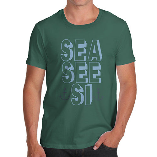 Novelty Tshirts Men Sea, See, Si Men's T-Shirt Large Bottle Green