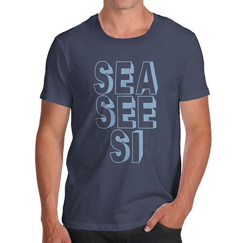 Mens Novelty T Shirt Christmas Sea, See, Si Men's T-Shirt Medium Navy
