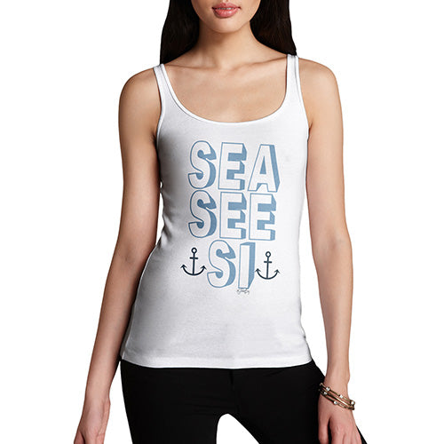 Womens Humor Novelty Graphic Funny Tank Top Sea, See, Si Women's Tank Top Large White