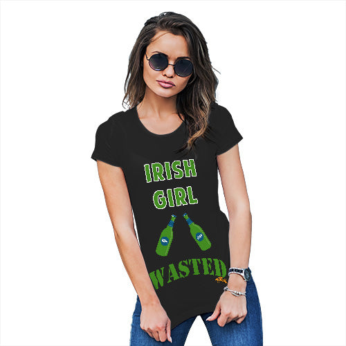 Funny T-Shirts For Women Irish Girl Wasted Bottles Women's T-Shirt Medium Black