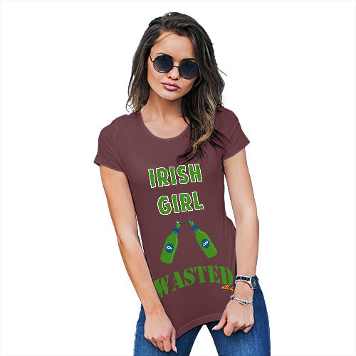 Womens Humor Novelty Graphic Funny T Shirt Irish Girl Wasted Bottles Women's T-Shirt X-Large Burgundy