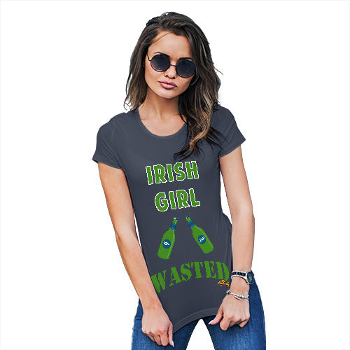 Funny Gifts For Women Irish Girl Wasted Bottles Women's T-Shirt Large Navy