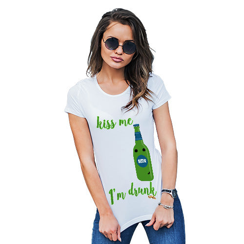 Womens Humor Novelty Graphic Funny T Shirt Kiss Me I'm Drunk Women's T-Shirt Large White