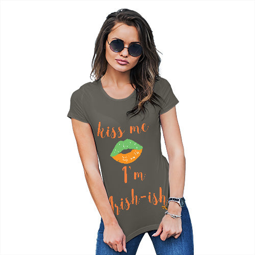Womens Funny Tshirts Kiss Me I'm Irish-ish Women's T-Shirt Large Khaki