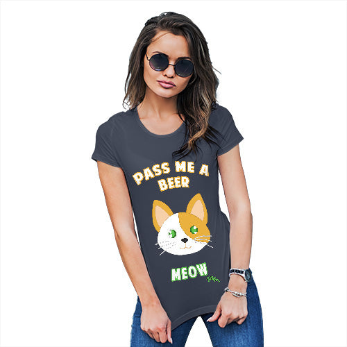 Womens Novelty T Shirt Christmas Pass Me A Beer Meow Women's T-Shirt Small Navy