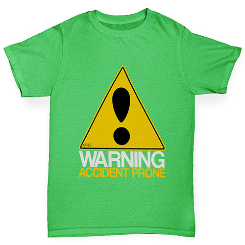 Boys novelty tees Warning Accident Prone Boy's T-Shirt Age 7-8 Green