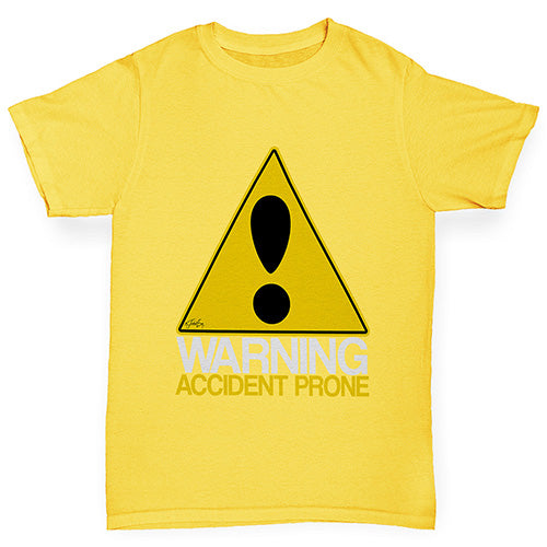 Novelty Tees For Boys Warning Accident Prone Boy's T-Shirt Age 7-8 Yellow