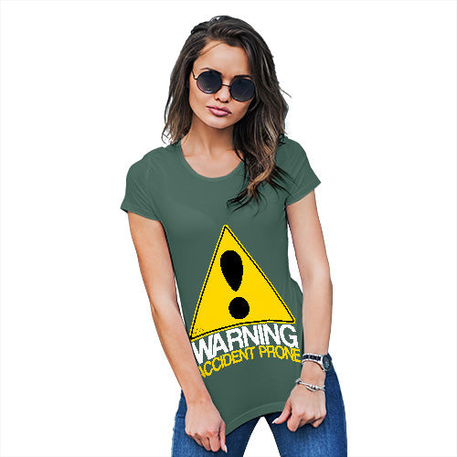 Novelty T Shirt Christmas Warning Accident Prone Women's T-Shirt Small Bottle Green