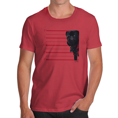 Novelty T Shirt Christmas Black Pug Mugshot Men's T-Shirt Large Red