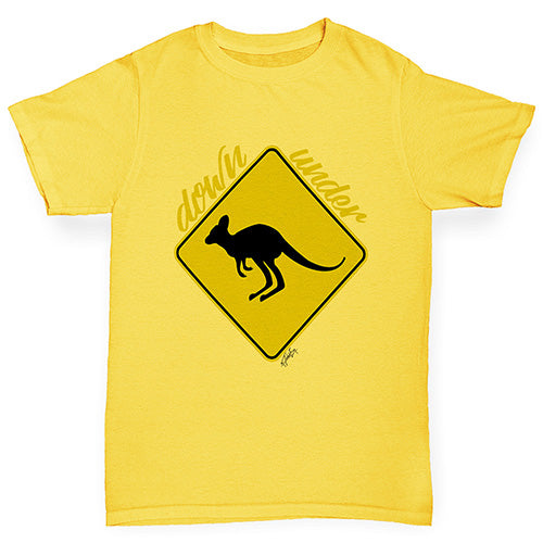 funny t shirts for boys Kangaroo Down Under Boy's T-Shirt Age 5-6 Yellow