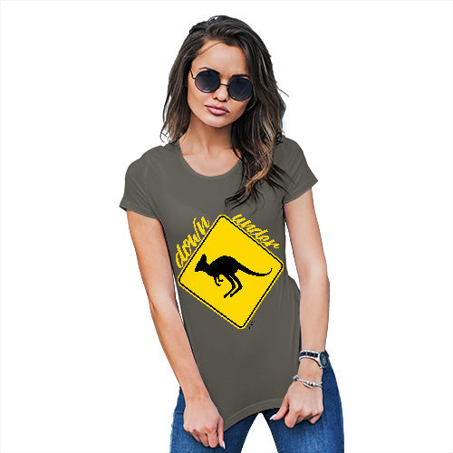 Novelty T Shirt Kangaroo Down Under Women's T-Shirt Large Khaki