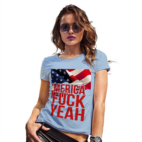 Novelty T Shirt Christmas Merica F-ck Yeah Women's T-Shirt Small Sky Blue