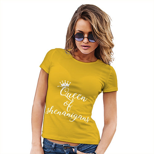 Funny T Shirts For Women St Patrick's Day Queen of Shenanigans Women's T-Shirt Small Yellow