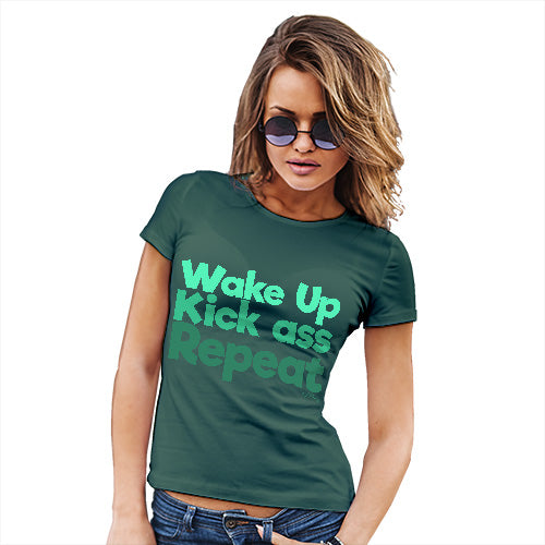 Womens Humor Novelty Graphic Funny T Shirt Wake Up, Kick Ass, Repeat Women's T-Shirt Medium Bottle Green