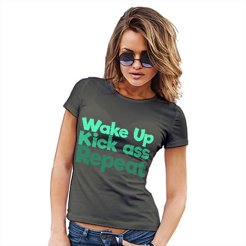 Novelty Gifts For Women Wake Up, Kick Ass, Repeat Women's T-Shirt Large Khaki