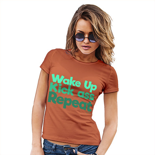 Womens Funny Tshirts Wake Up, Kick Ass, Repeat Women's T-Shirt Small Orange