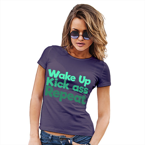 Funny T-Shirts For Women Wake Up, Kick Ass, Repeat Women's T-Shirt Small Plum