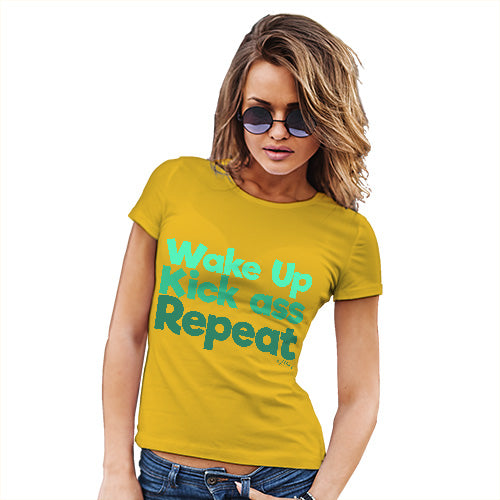 Funny Tshirts For Women Wake Up, Kick Ass, Repeat Women's T-Shirt Medium Yellow