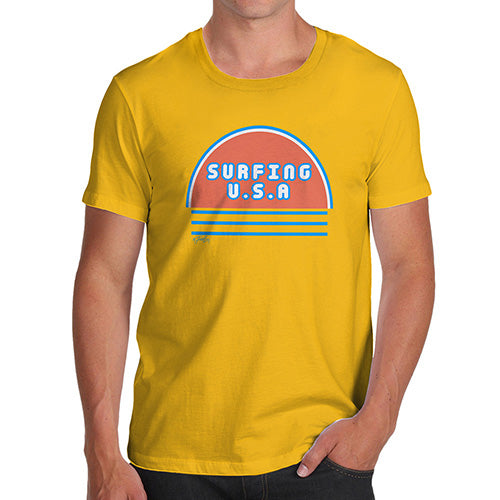 Novelty T Shirts For Dad Surfing USA Men's T-Shirt Large Yellow