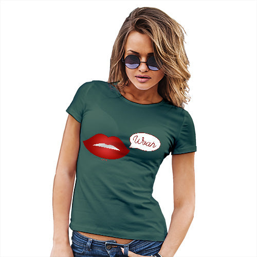 Womens Novelty T Shirt Woah Lips Women's T-Shirt X-Large Bottle Green
