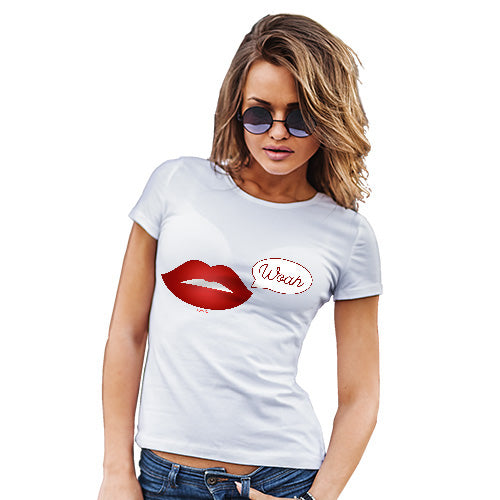 Womens Humor Novelty Graphic Funny T Shirt Woah Lips Women's T-Shirt Large White
