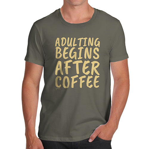 Funny Mens T Shirts Adulting Begins After Coffee Men's T-Shirt X-Large Khaki
