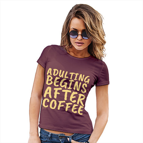 Womens Novelty T Shirt Christmas Adulting Begins After Coffee Women's T-Shirt Small Burgundy