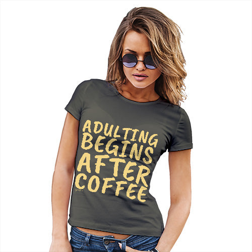 Funny T-Shirts For Women Sarcasm Adulting Begins After Coffee Women's T-Shirt Medium Khaki