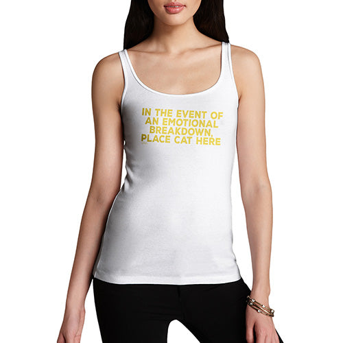 Womens Humor Novelty Graphic Funny Tank Top Event Of Emotional Breakdown Place Cat Here Women's Tank Top Large White