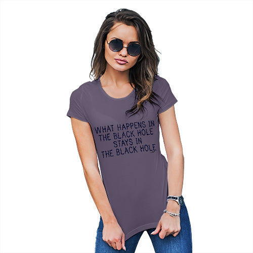 Womens Novelty T Shirt What Happens In The Black Hole Women's T-Shirt Medium Plum