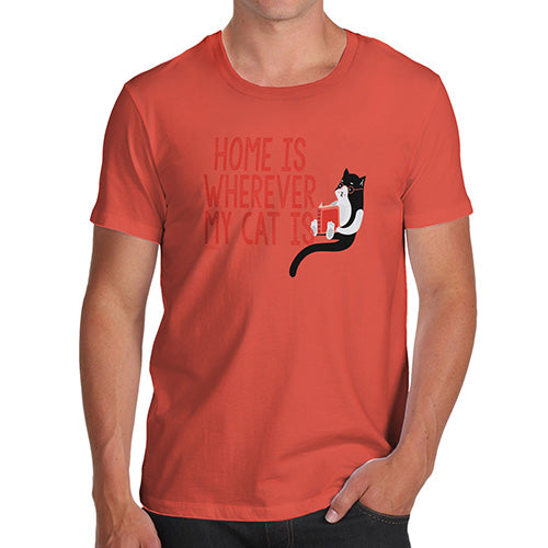 Novelty Tshirts Men Funny Home Is Wherever My Cat Is Men's T-Shirt Large Orange