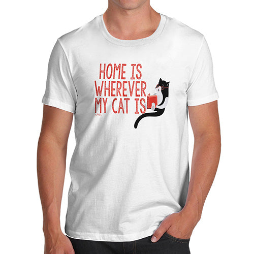 Novelty Tshirts Men Home Is Wherever My Cat Is Men's T-Shirt Medium White