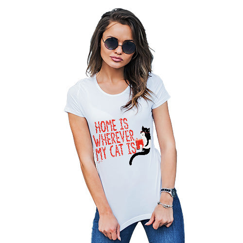 Womens Humor Novelty Graphic Funny T Shirt Home Is Wherever My Cat Is Women's T-Shirt Medium White
