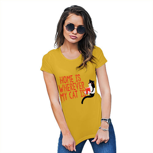 Funny T Shirts For Women Home Is Wherever My Cat Is Women's T-Shirt X-Large Yellow