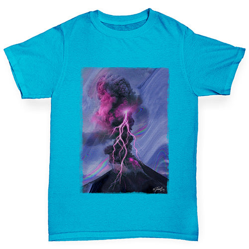Kids Funny Tshirts Neon Lightning Volcano Boy's T-Shirt Age 9-11 Azure Blue