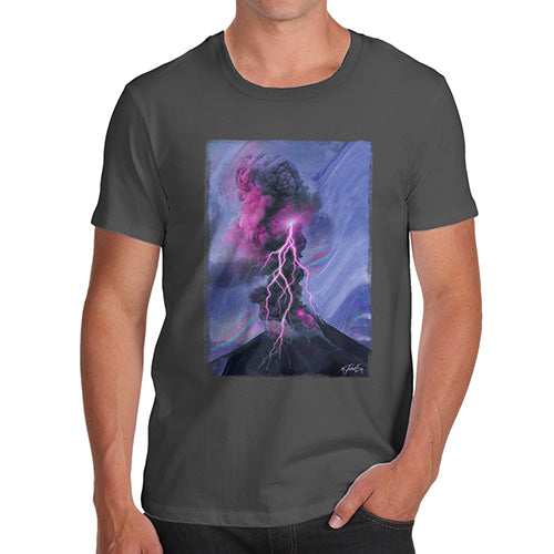 Novelty T Shirts For Dad Neon Lightning Volcano Men's T-Shirt Large Dark Grey